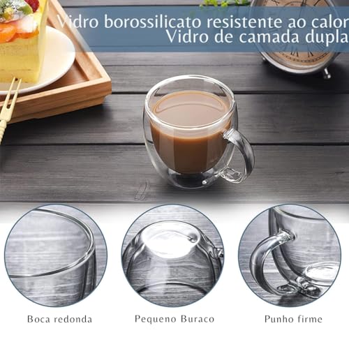 kit 6 xicara de café de vidro transparente conjunto de canecas de cha de vidro isolado de parede dupla com alça 250 ml para café expresso latte