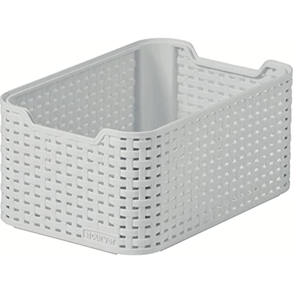 CURVER Style Rattan Effect Kitchen, Living room, Bathroom, Bedroom, Utility Small Rectangular Storage Basket 6 Litres - Light Grey