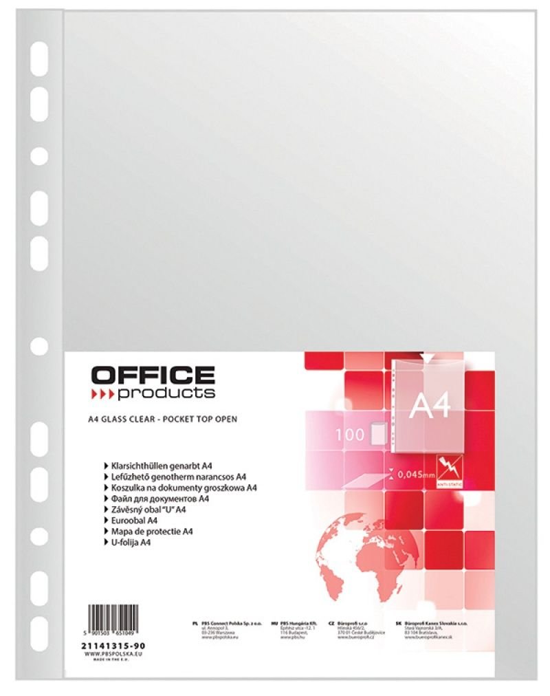 Punched Pockets Office Products PP A4 Orange Peel 45 Micron 100pcs / Document Archiving/Type-Orange Peel/Kind-Reinforced Edge/Material-PP/Colour-Transparent/Format-A4 / Thickness (mm)-45