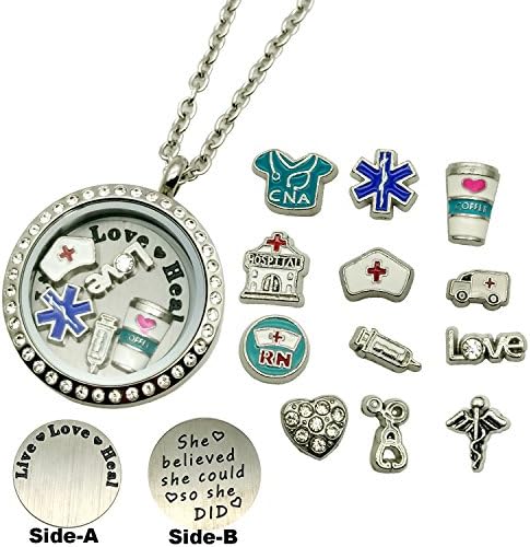 Dotiow 30mm Round Nurse Floating Locket w/Double-Sided Locket Plate + 24'' Stainless Steel Chain(Nurse-Magnetic-Pendant)