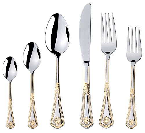 Italian Collection 'Seashell' 75-PÑ Premium Flatware Set w/Wooden Storage Case, Dining Cutlery Service for 12, 24K Gold plated 18/10 Stainless Steel Hostess Serving Set in a Chest