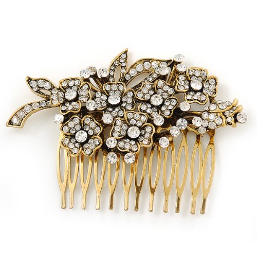 Vintage Inspired Clear Austrian Crystal 'Flowers' Side Hair Comb In Antique Gold Tone - 95mm