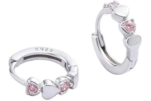 DTJA Double Love Heart Cubic Zirconia Small Hoop Earrings for Women Girls 925 Sterling Silver Hypoallergenic Pink CZ Huggie Hoops Cartilage Dainty Jewelry Gifts