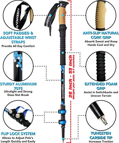 FREEMOVE Trekking Poles Collapsible, Lightweight Ultra Strong Aluminum 7075 Sticks for Hiking and Walking with Cork Grips, Quick Locks, Fully Equiped Accessories Gear for Men and Women - Thumbnail 2