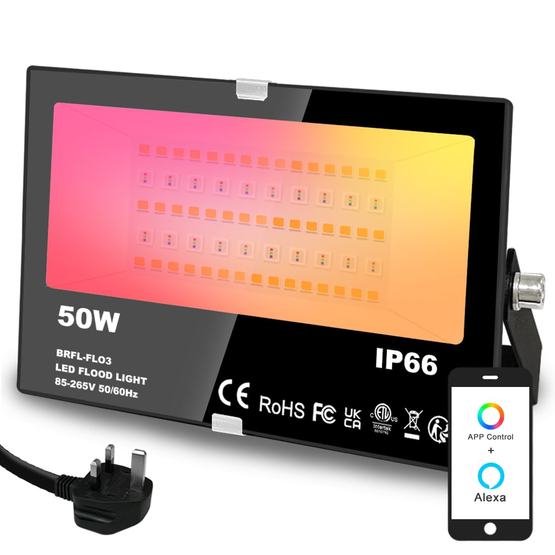 Mobri LED Floodlight Outdoor with Alexa, Smart Flood Lights Colour Changing APP Control, 50W 5000LM Bluetooth, Warm White+1600 Million RGB Colours, No WiFi No Hub, IP66 UK 3-Plug, 1 Pack