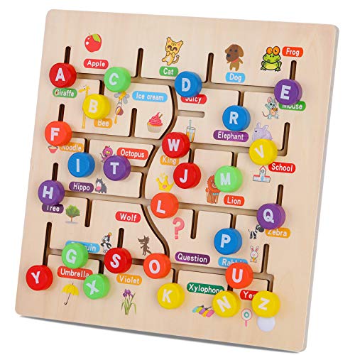 AiTuiTui Wooden Alphabet Maze Board, ABC 26 Letters Match Puzzle Learning Toys Early Educational Motor Skill Activity Matching Games with Cute Illustrations for Kids Toddlers Gifts