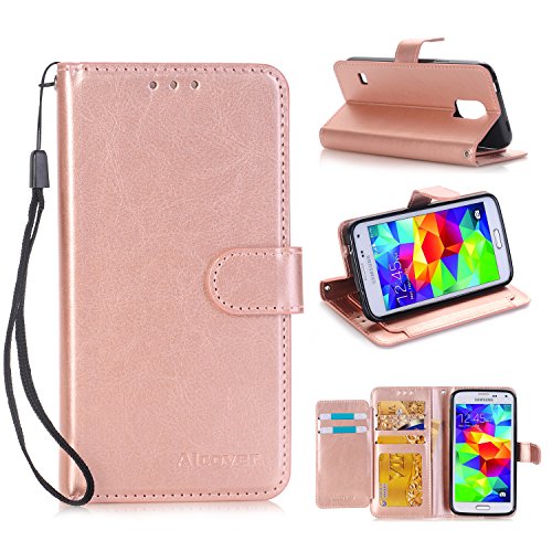 Samsung Galaxy S5 Wallet Flip Case，DLFcase [Stand Feature] Premium Protective PU Leather Flip Cover w/Card Slot Side Pocket Magnetic for Galaxy S5 (Rose Golden)