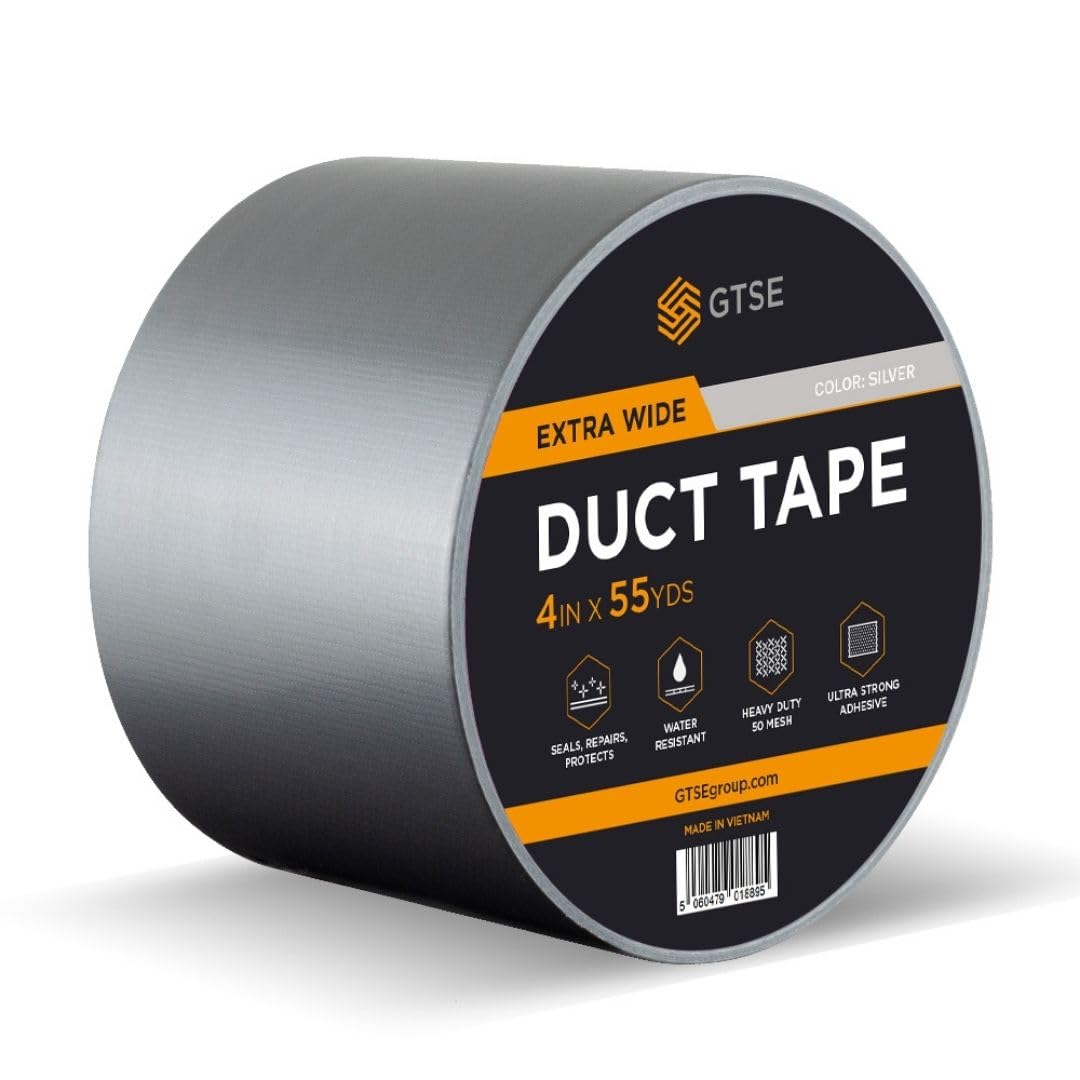 GTSE Wide Silver Duct Tape, 100mm x 50m, 4” Waterproof Strong Adhesive Gaffer Tape for Patching, Sealing, Securing Cables and Labelling, Heavy Duty Tape, One Roll