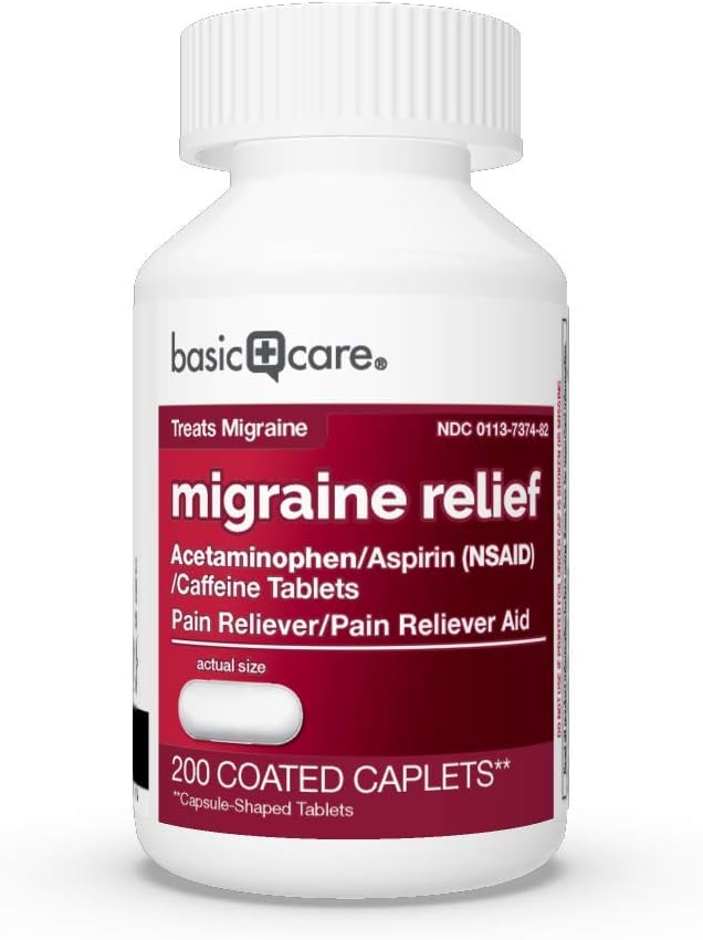  Basic Care Migraine Formula Caplets, Acetaminophen, Aspirin (NSAID) and Caffeine Tablets, Migraine Pain Relief, 200 Count: Health & Personal Care