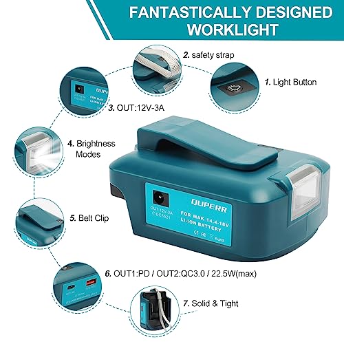 QUPERR ADP05 USB Battery Adapter Compatible with Makita Batteries 18V/14.4V | With USB-A and USB-C charging ports, 12V DC output and built-in LED work light (adapter only)