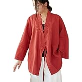 Women Chinese Style Cotton Linen Hanfu Tops V-Neck Long Sleeve Shirt Solid Color Loose Blouse