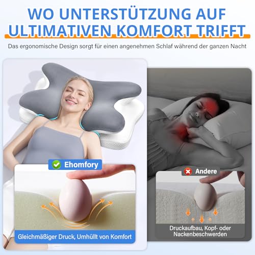 Ehomfory Neck Pillow, Neck Support Pillow, Memory Foam Pillow, Ergonomic Side Sleeper Pillow for Sides, Back and Stomach Sleepers, 67 x 37 x 9/12 cm