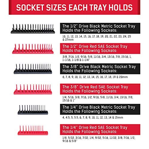Socket Organizer Trays - 6 Piece SAE & Metric Socket Holder - Socket Tool Set Storage for ¼ inch, ⅜ inch & ½ inch Drive Holder for Mechanics