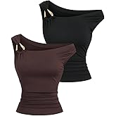 SOLY HUX Women's Off The Shoulder Crop Tops 2 Packs Asymmetrical Sleeveless Slim Tshirts Going Out Outfit
