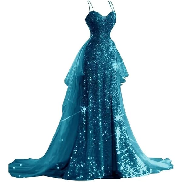 Amazon.com: Sparkly Big Sequin Prom Dresses Mermaid Split Formal Dress  Spaghetti Straps V-Neck Ball Gown PD942-CU Aqua: Clothing, Shoes & Jewelry