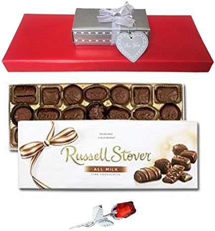Valentine's Day Box of Chocolates Gift Set Bundle for Him or Her - Russell Stover All Milk Fine Chocolates &amp; Keepsake Glass Red Rose