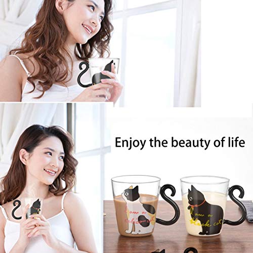 Cute Kitty Glass Water Cup Cat Tail Handle Mug Milk Tea Coffee Fruit Juice Mug Drinkware Home Office Cup Lovers Gifts - Black