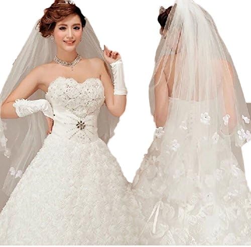 White 2 Layers Cathedral Bridal Romantic Wedding Elbow Rhinestone Flower Veil + Comb