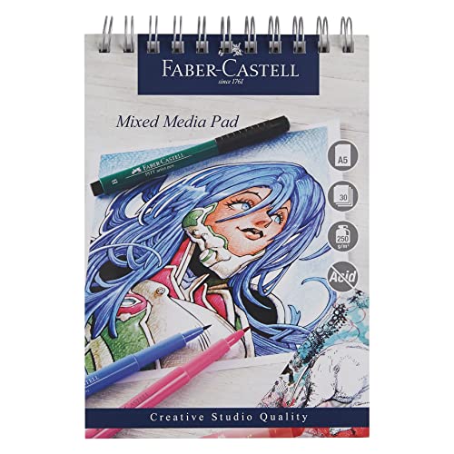Faber-Castell Creative Studio Mixed Media Pad, A5, Spiral Bound Paper, 250 GSM, 30 Sheets, for All Media, Acrylic, Watercolour Paint and Pencils, Pastel, Charcoal, Graphite, Art, Craft, Home, School