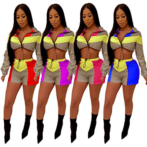 Women Sexy Reflective 2 Piece Outfits Short Pant Sets Long Sleeve Crop Tops Rompers Clubwear Grey Rose XL