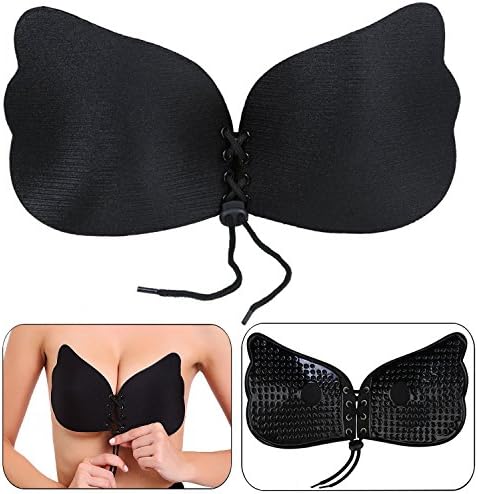 Reusable Strapless Bra Backless Invisible Self Adhesive Push Up Bra Silicone Cups with Drawstring for Wedding &amp; Prom Party Black A