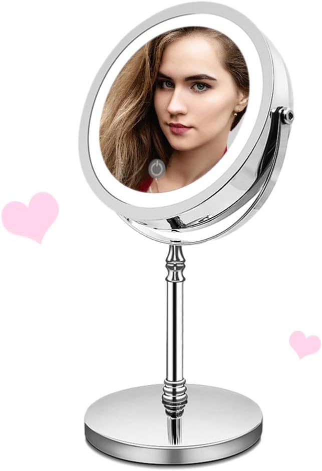 Magnifying Lighted Makeup Mirror, Double-Sided LED Vanity Mirror with Lights, 1X 10X Magnification Touch Screen Adjustable Light, 360 Rotation o USB or Battery Charged Mirror for Bathroom or Bedroom