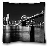 Home Decoration Square Throw Pillow Case - City New York Bridge Lights Black and White Cushion Cover 18 x 18 Inches