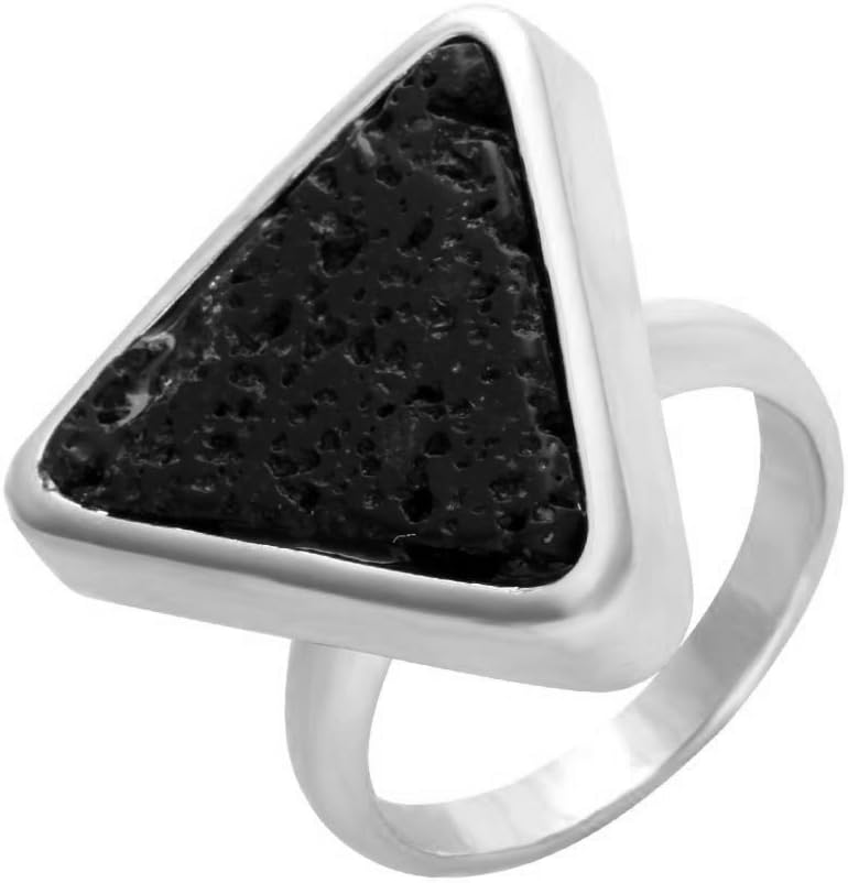 MANZHEN Classic Silver Natural Black Lava Rock Stone Ring Geometric Triangle Rings