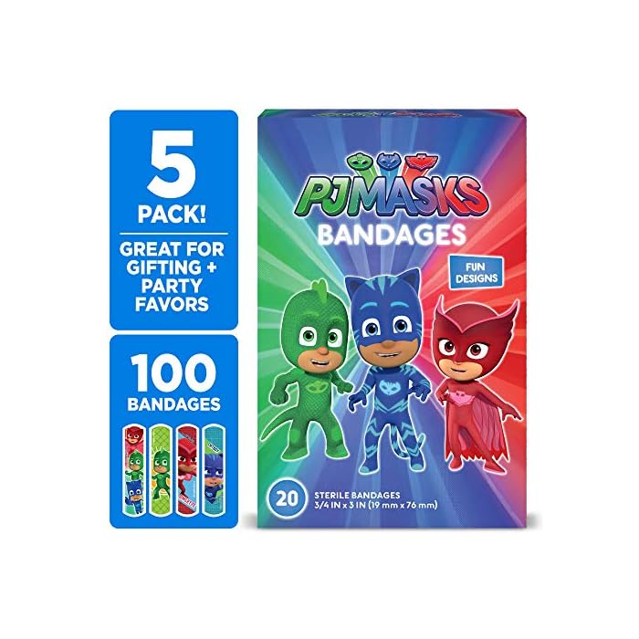 PJ Masks Kids Bandages, 100 ct | Adhesive Antibacterial Bandages for Minor Cuts, Scrapes, Burns. Great Stocking Stuffer…