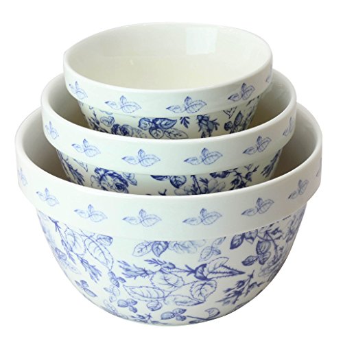 Pantry Size 3-Pc Nested Porcelain Mixing Bowl Set by Grace Teaware. Microwave Safe, Freezer Safe. 3-Sizes 42, 22 and 10-Ounce. (Blue Rose Floral) - Thumbnail 2