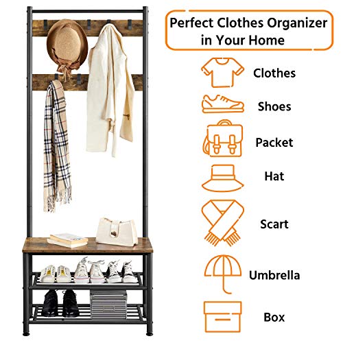 Yaheetech 3in1 Hall Tree Coat Rack Shoe Bench with 9 Hooks and