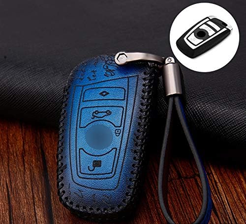 Atonix Retro Genuine Cowhide Leather Keyless Entry Key Fob Cover Case Fit for BMW 1 3 4 5 6 7 Series | X3 X4 | M2 M3 M4 M5 M6 | GT3 GT5 GT4 (Blue)