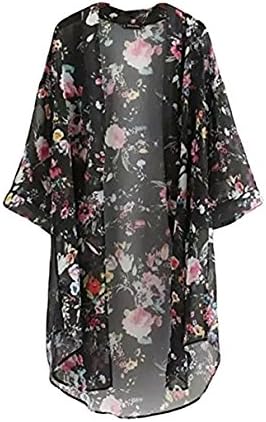 Dress Beach Cover Ups For Women Chiffon Blouse Boho Kimono Cardigan Floral Printed Casual Loose Long (XL, Kimono Black)