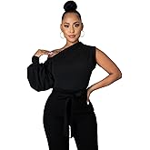 Ekaliy Women Sexy One Shoulder Sleeveless Bodycon High Low Asymmetrical Ruffle Tunics Blouse Shirt Top Dress