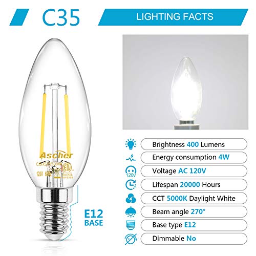 Ascher E12 LED Classic Candelabra Clear Light Bulbs, Equivalent 40W, Daylight White 5000K, Filament Clear Glass, Non-Dimmable, Pack of 10