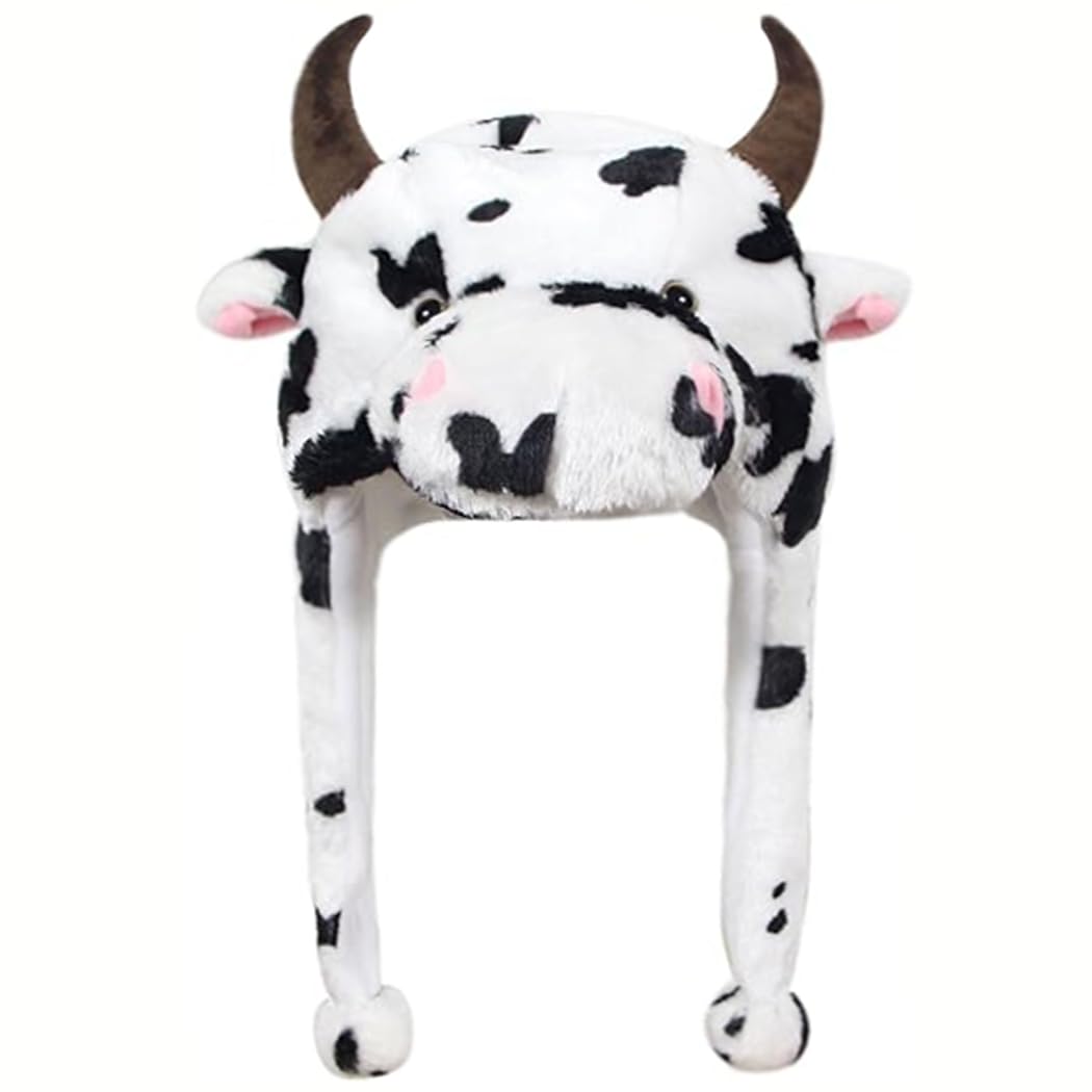 Naichuo Plush Animal Hat with Ear Flaps, Cozy Novelty Party Cap for for Kids Teens Adults Halloween Christmas(Cow)