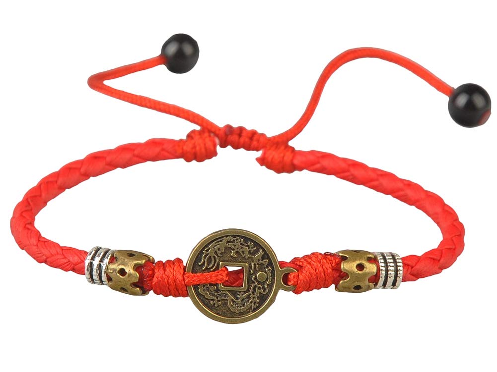 Ancient Tribe Chinese Coin Braided Bracelet, Faux Leather Cord, 9.5 Inches (24 cm) When Tightened – Black or Red – Boho Handmade Anklet or Wristband for Men & Women