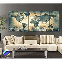 Original by BoxColors XLARGE 30"x 70" 5 Panels 30"x14" Ea Art Canvas Print Original Wonders of the world Old Map Light yellow Wall decor Home interior (framed 1.5" depth)