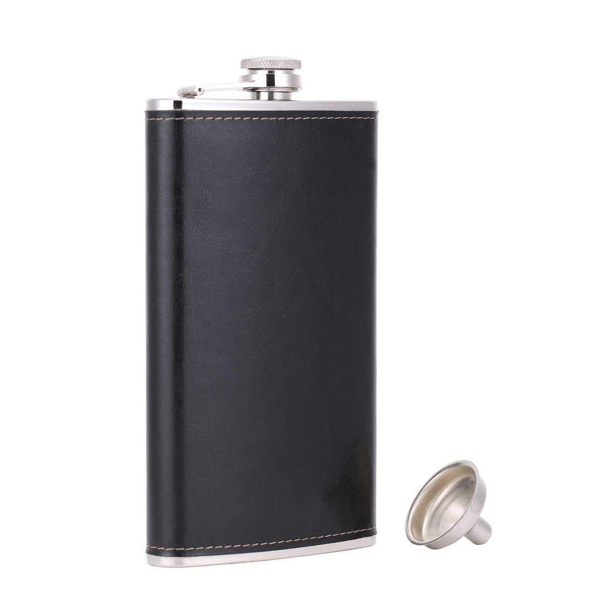 Photo 1 of TOX TANEAXON 12 oz Black Pocket Whiskey Liquor Leather Wrapped Flask with Funnel and Box - Stainless steel and Leak Proof