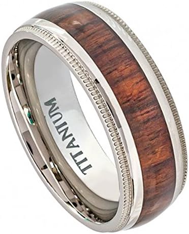 8mm Titanium Wedding Band Domed Milgrain Edge with Hawaiian Koa Rosewood Inlay (9)