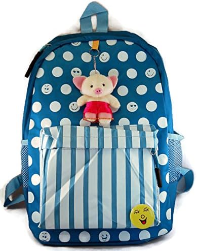 Cute Blue Smiley Face Backpack with a Lucky Toy (Pink Pig)