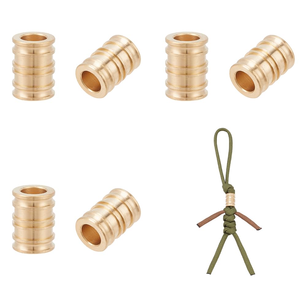 NBEADS 6 Pcs Brass Paracord Bead, Groove Column Lanyard Beads 6mm Large Hole European Beads Metal Loose Spacer Beads for Jewelry EDC String Pendant Parachute String Tool, Golden