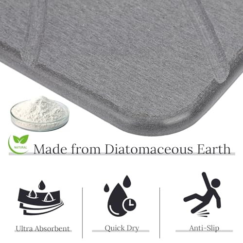 Euqvunn Non Slip Diatomite Bath Mat 60 x 39 cm - Absorbent Stone Anti-Mildew Quick Drying Bath Mat for Bathroom, Kitchen and Bathtub - Grey