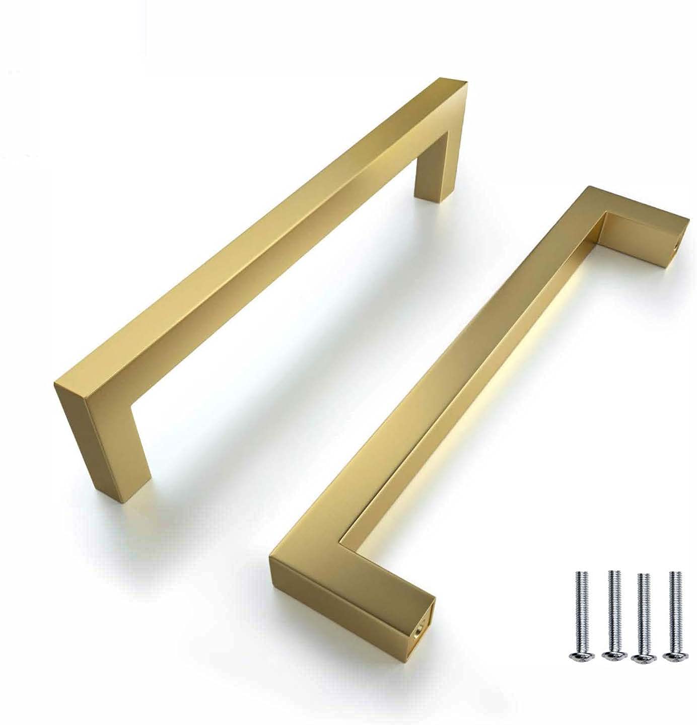 BOZONLI 2pcs Gold Handles for Cupboards & Draws, Square Stainless Steel Door Handles Kitchen Cabinet Drawer Pull Handles 192mm Hole Centers