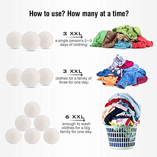 Dryer Balls Organic Eco Wool Dryer Balls 6pack 100% Natural Fabric Softener Shorten Laundry Drying Time and Reduce Wrinkles XXL White (2.95inch)
