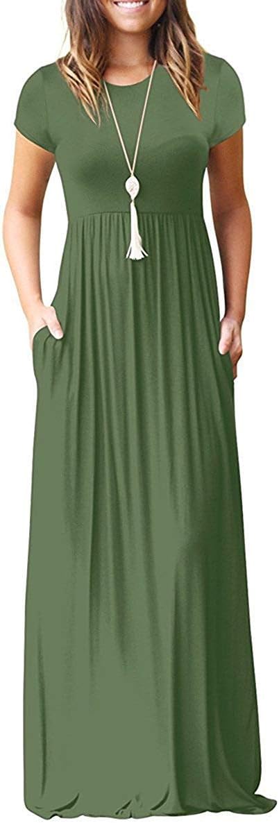 AUSELILY Women Short Sleeve Loose Plain Casual Long Maxi Dresses with Pockets