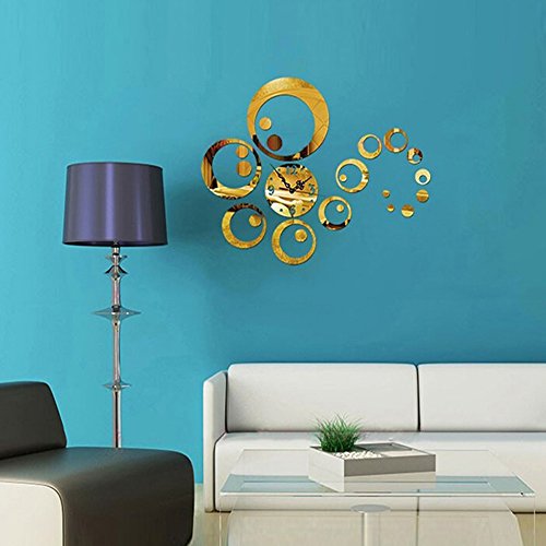 Baost DIY Circles 3D Mirror Wall Clock Watches Stickers Decals Modern Design Removable Wall Art Clock Murals Decals Creative Decoration for for Bedroom Living Room Office Bar Gold