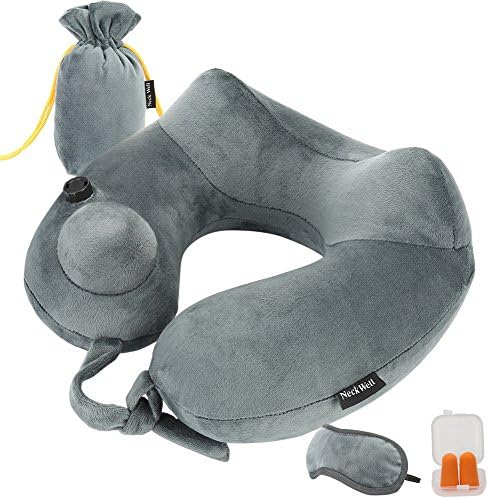 Inflatable Travel Pillow,NeckWell Travel Pillow Pump with Sleep Mask &amp; Ear Buds,Perfect for Airplane Car Office Camping - Gray