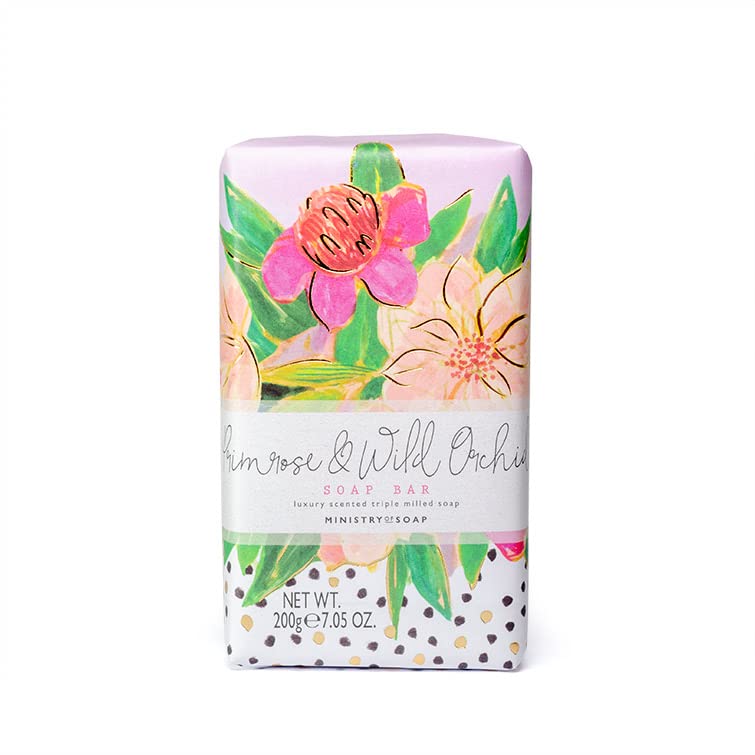 Ministry of Soap Painted Marks Wrapped Soap, Naturally Coloured, Triple-Milled Soap, Primrose and Wild Orchid 200g