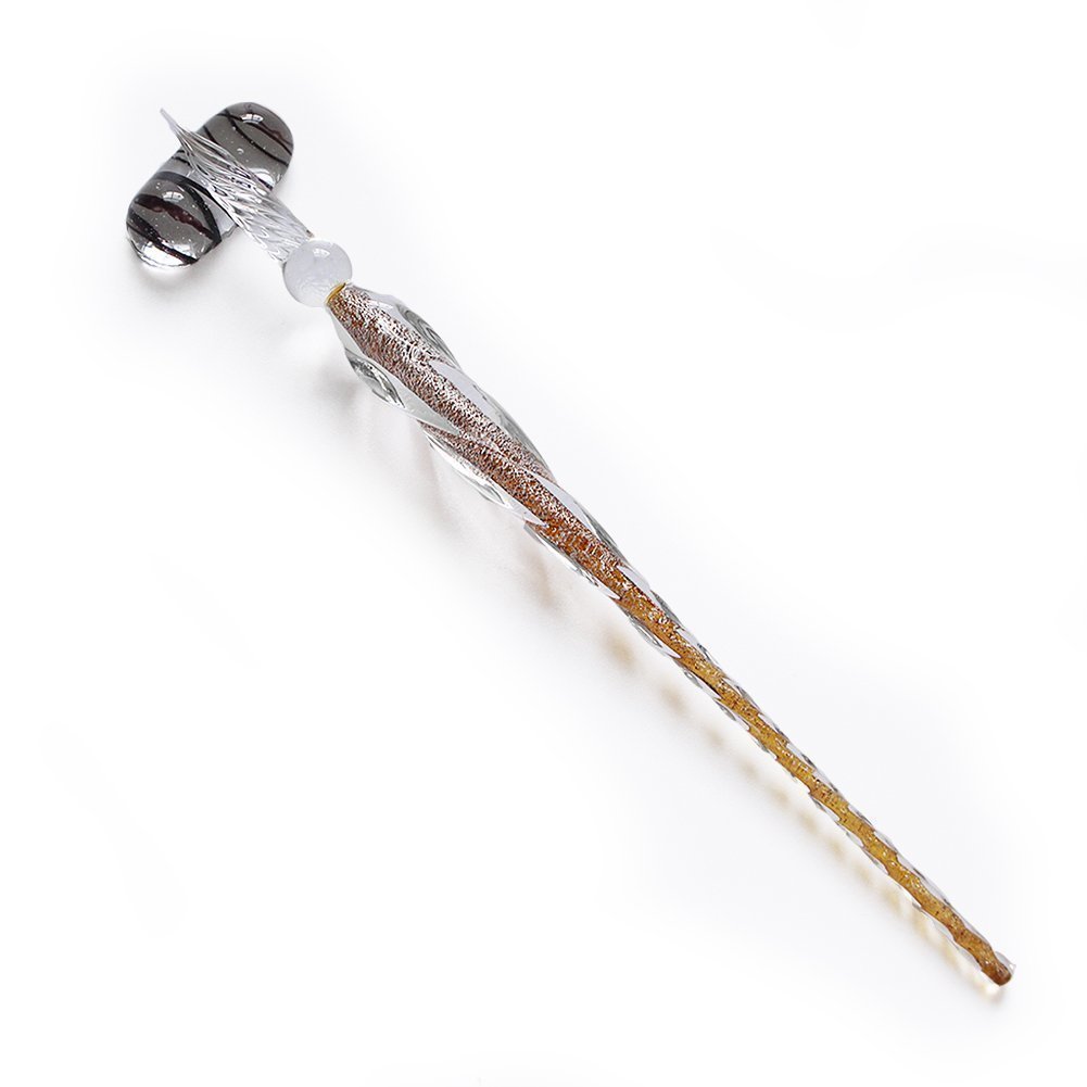 Crystal Glass Dip Pen, Handmade Glass Signature Pen Business Present with a Pen Holder Vintage Elegant Design, Gift Package(Brown)